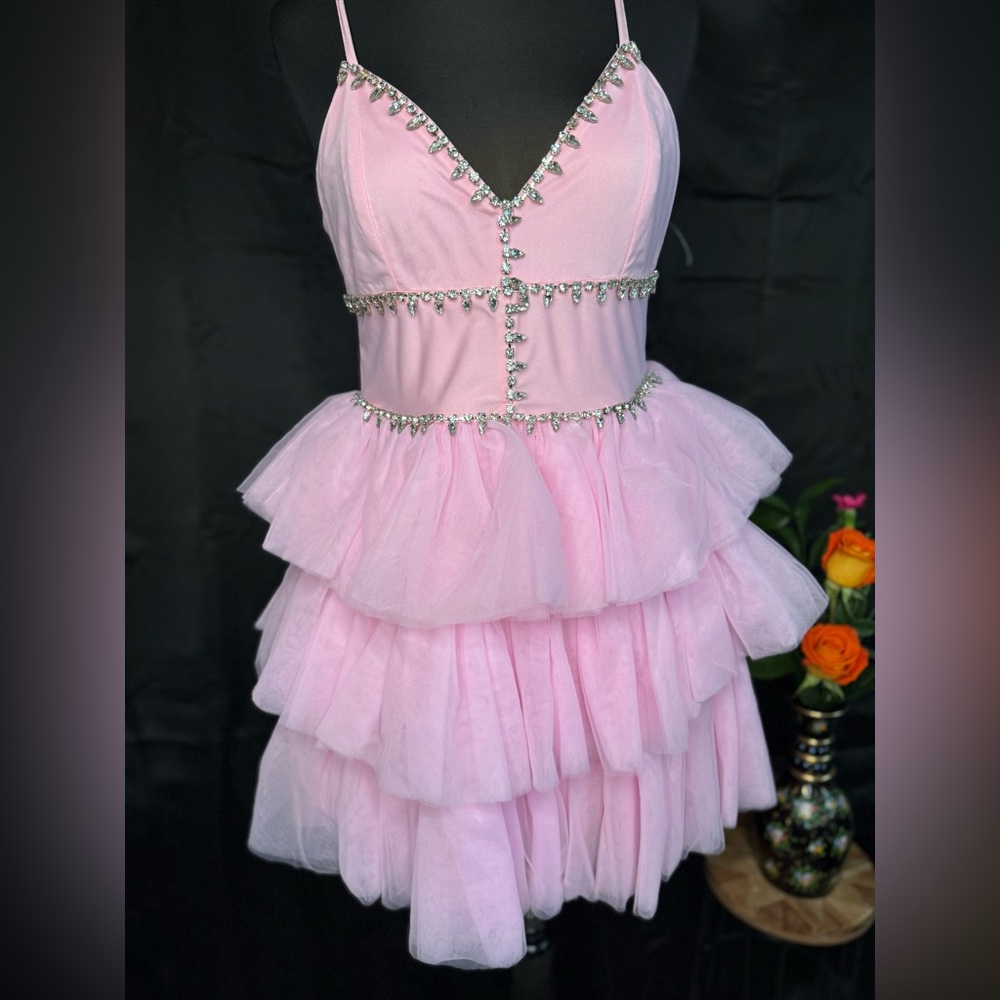 Pink Tiered Tulle Dress with Rhinestone Accents